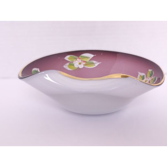 Bohemian Amethyst Purple w Gold Accent Hand Painted Folded Czech Art Glass Bowl - Picture 7 of 15